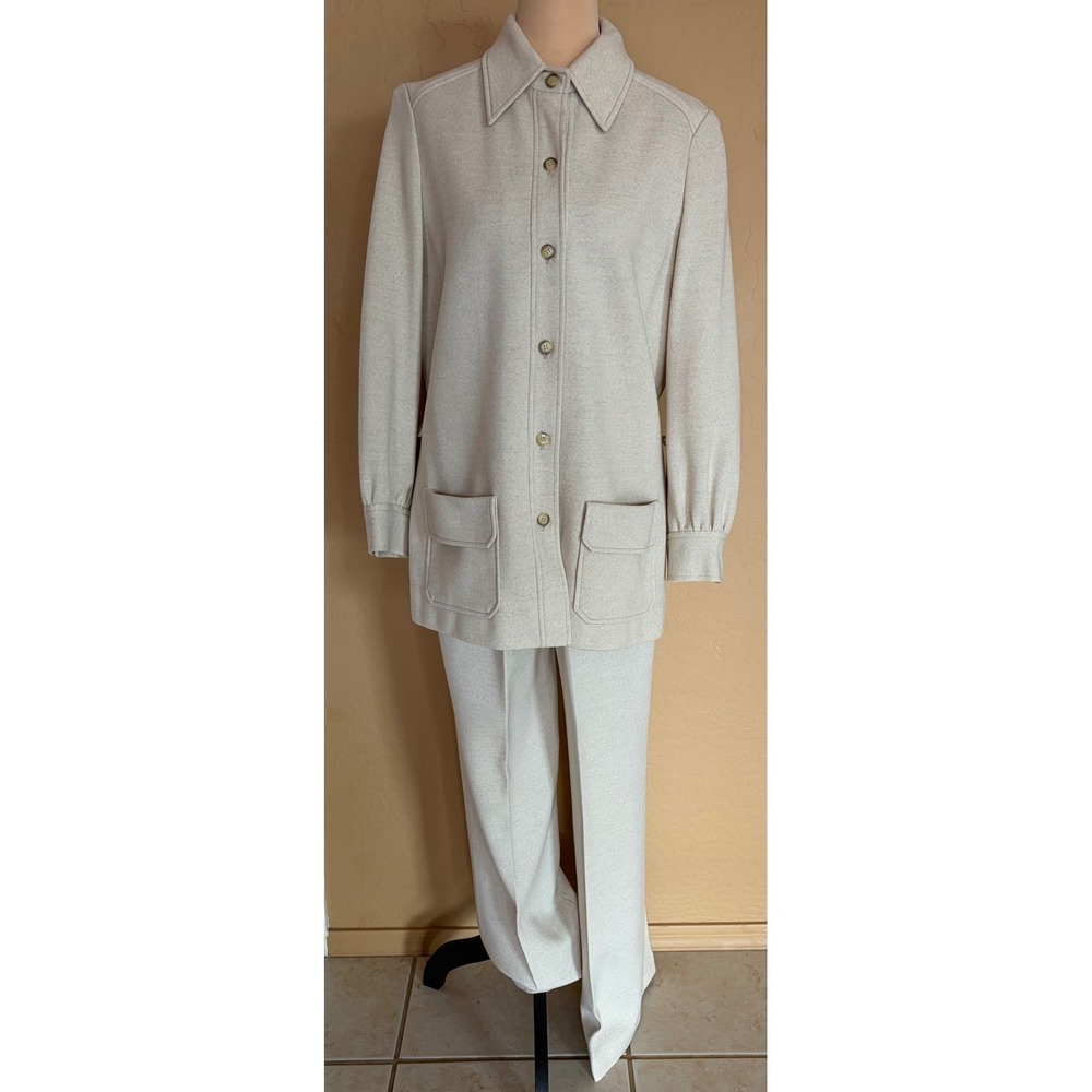 Vintage Kimberly Oatmeal Knit 2 Piece Pant Suit Safari Jacket Wide Leg 70s M